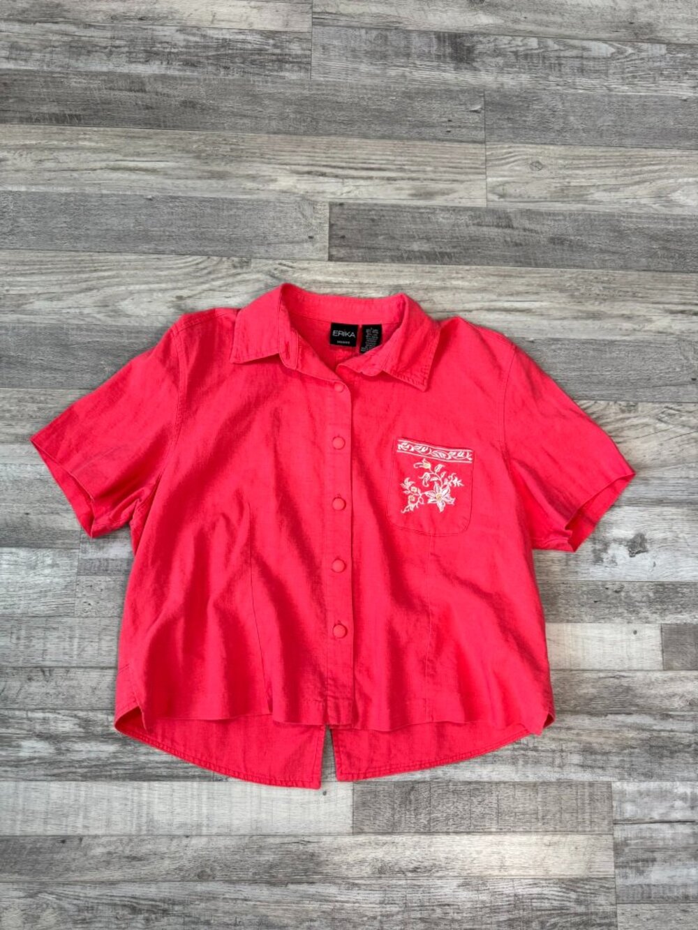 Vintage Erika pink embroidered boxy linen blend shirt open back size large I39